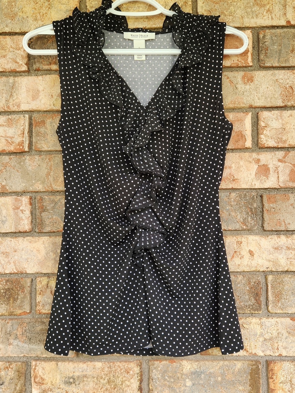 White House Black Market Black Polka Dot Ruffle Sleeveless Blouse